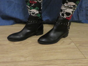 pair of black ladies ankle boots with buckle and studding detail for winter wardrobe