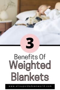 dog lying on bed is the background for the pin title image benefits of weighted blankets