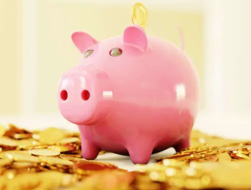 pink piggy bank with gold coins surrounding it