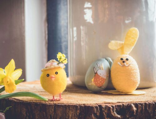 easter decorations, including a real daffodil and fake chicks